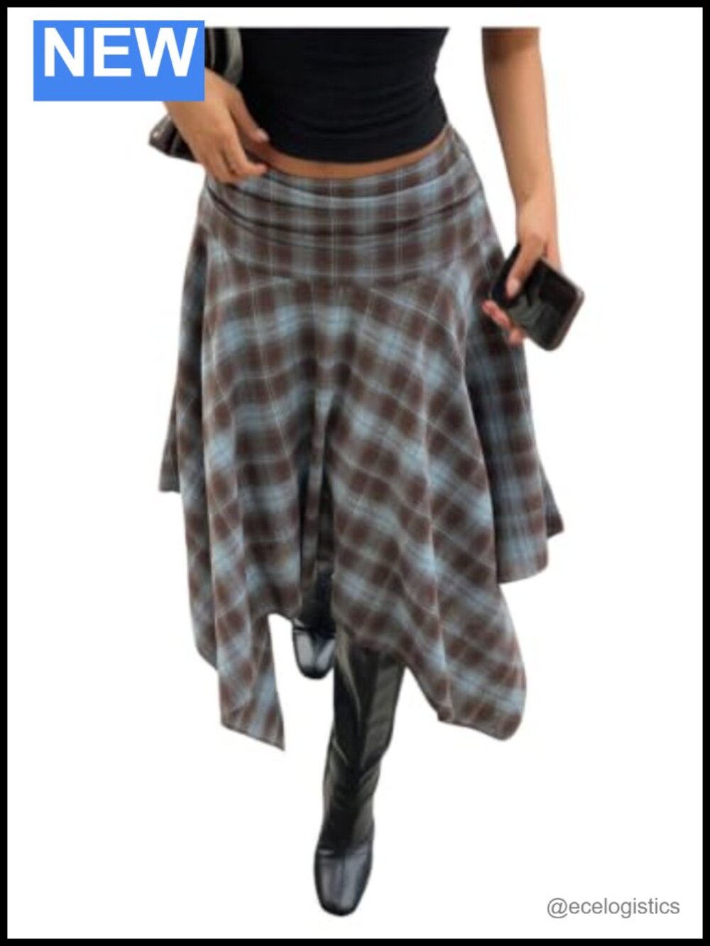 Womens Plaid Midi Skirt High Waisted Asymmetrical Hem Flannel Grunge Maxi